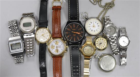 Assorted wrist watches including Jess Danby chronograph and Oris and three fob watches.